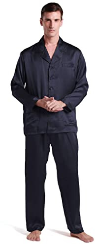 LilySilk Herren Seide Pyjama Set Reine Seide Nachtwäsche mit klassischem Stil Langarm Bluse und Hose Pj Set Schwarz Blau Weiß Rot Loungewear für Zuhause Casual Wear(Dunkel Blau,XL)