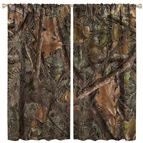 Forest Camouflage Curtains, Forest Camo Conifer Oak Branches Leaves Mossy Hunting Lodge Camp Cabin for Bedroom Living Room Darkening Window Drapes Window Drapes 2 Panels 42x45 Inch