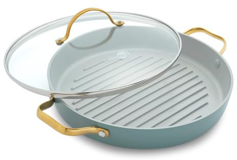 GreenPan Padova Reserve Harteloxierte Gesunde Keramische Antihaft 28 cm Grillpfanne mit Seitlichen Griffen, PFAS-frei, Induktion, Goldgriff, Spülmaschinenfest, Backofenfest, Rauchblau