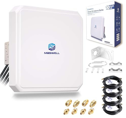 Maswell 4G LTE 5G Antenna, 10dBi High Gain 4X4 MIMO External Antenna, 600-8000MHz for 4G LTE 5G NR UWB Routers & Gateways for Vodafone O2 Three EE, WiFi 7 Ready, SMA-Male/TS9/RP-SMA (Full Kit)