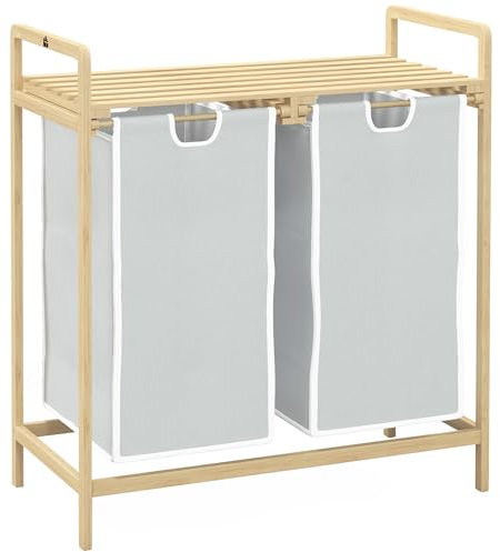 HOMCOM Bambus Wäschekorb 2 Fächer Wäschesammler mit Griff, 2 abnehmbaren Wäschesacke, Plattform, Wäschebox Wäschesortierer für Waschküche Schlafzimmer Badezimmer Natur+Creme