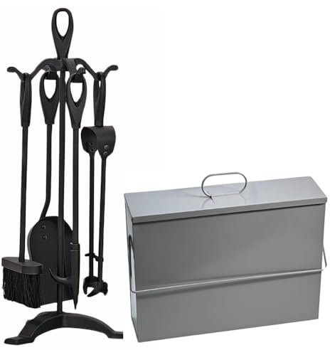 Trendi Fireside Ash Carrier Metal Hot Tidy Box Container/15L Ash Bucket with Lid| Fireplace Pan Bucket Bin| with 5 Piece Cast Iron Loop Design Companion Set (Companion Set + Grey Ash Box)