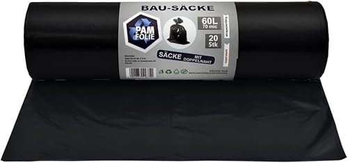 PAM-FOLIE Müllsäcke 60L - 20 Stück - Bausäcke Professional - Extra Dicke Abfallsäcke - 60x70cm - 70µm - Starke, schwarze Müllbeutel - Bauschuttsäcke - Säcke für Bauschutt Abfalls