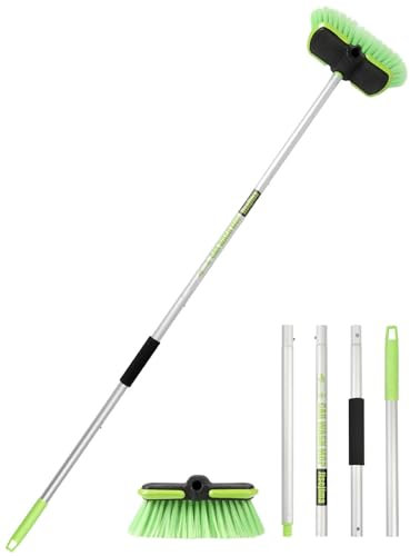 4 Sections PBT Car Wash Brush 60” 151cm with Extendable Aluminum Long Handle Soft Bristle Detail Scrub Brush for Exterior Interior Car RV Truck Motorbike Tyres Boat Deck Home Cleaning Sweep Snow