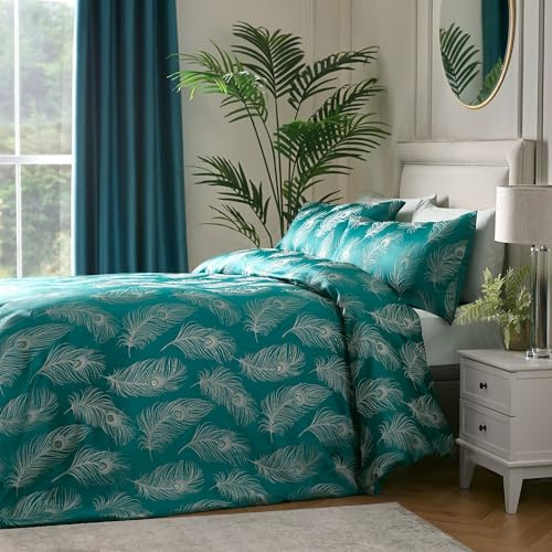 Laurence Llewelyn-Bowen - Teal Peacock Feathers Duvet Cover - King Bedding Size (230 x 220cm) - 2 Pillowcases - Jacquard Bedding Set in Teal - Luxury Bedding - Peacock Bird Duvet Cover 4% Metallic