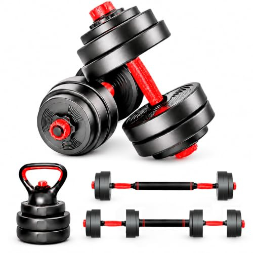 ManiBoom Mancuernas Ajustables y Kettlebell 20kg 30kg 40kg 50kg - Kit de Pesas y Mancuernas 4 en 1 con Pesa Rusa Ajustable, Doble Rosca y Guía de Ejercicios - Gimnasio en Casa