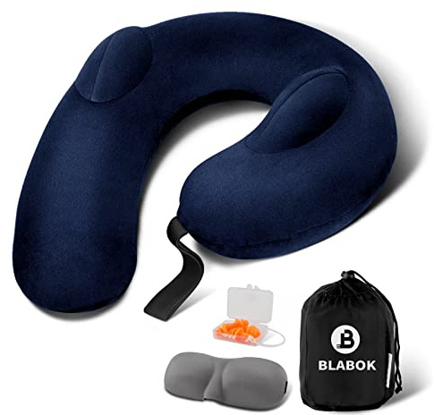 Patented Design Inflatable Travel Neck Pillow – Airplane Neck Pillow with 360° Head & Neck Support, Soft Washable Velvet Cover, Compact Neck Support Pillow for Airplane,Train,Car,Office & Home (Blue)