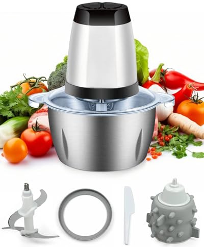 Picadora Eléctrica 350W, Trituradora de Alimentos Multifuncional con 2L Bowl Acero Inoxidable, 4 Cuchillas de Dos Niveles, 2 Velocidades, Picadora de Carne Eléctrica para Verduras, Frutas y Carne
