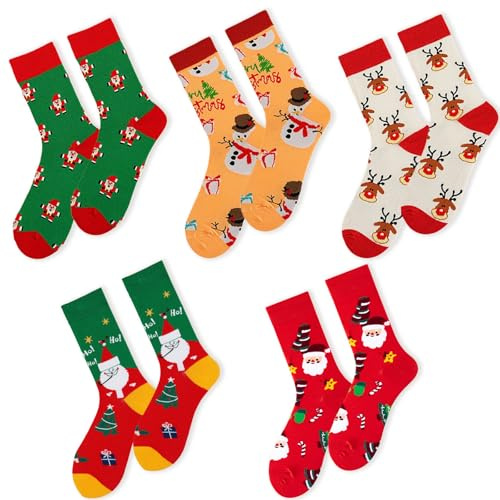MUNSKT 5 paires de chaussettes de Noël, chaussettes de Noël colorées, originales, chaudes, en coton, confortables et douillettes pour femmes, hommes et adultes, pour les fêtes