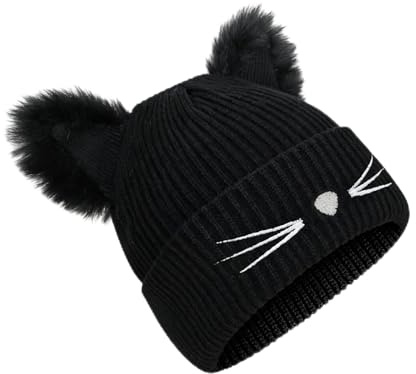 KASLCWA Gorros Invierno Mujer, Gorro de Punto con Orejas de Gato, Invierno Sombrero de Punto Bordado Elástico Esquí Gorra, Gorro de Ganchillo para Mujer con Orejas para niñas, Adultos y niños, Negro