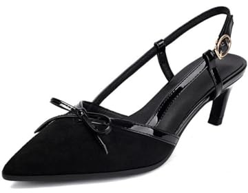 Generico Décolleté Slingback Donna Punta Affusolata Tessuto Bicolore Bordo Verniciato Fiocco Decorativo Cinturino con Fibbia Regolabile Tacco Kitten Scarpe,Nero,46 EU