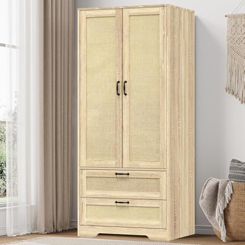 Gdchanyiyi Wardrobe, Wardrobes for bedroom with 2 Doors and 2 Drawers, Rattan Wardrobe with Hanging Rail and Soft Close Hinges Storage Cabinet, Bohemian Bedroom Furniture (Natural)
