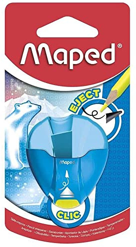 Maped - Material Escolar - Sacapuntas I Gloo Eject - Sacapuntas con Depósito - Expulsa las Minas Rotas - 1 Orificio para Afilar - Tamaño Compacto para el Estuche - 3 Diseños Diferentes