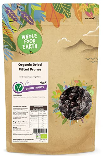 Wholefood Earth - Prugne secche biologiche denocciolate, 1 kg, senza OGM, vegane, ad alto contenuto di fibre, certificate biologiche