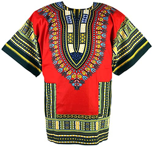 CHAINUPON Camicia Africana Dashiki in Cotone, Stile Tribale, Festival, Boho, Anni 60-70, Hippie, Caftano, Rosso, M