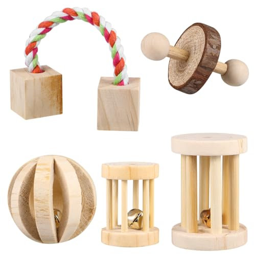 POPETPOP 5 Stück Hamster Kauspielzeug Natürliche Holz Kauen Spielzeug Übung Spielen Bell Roller Zahnpflege Molar Spielzeug für Hamster Hase Kaninchen Ratten Rennmäuse und andere kleine Tiere