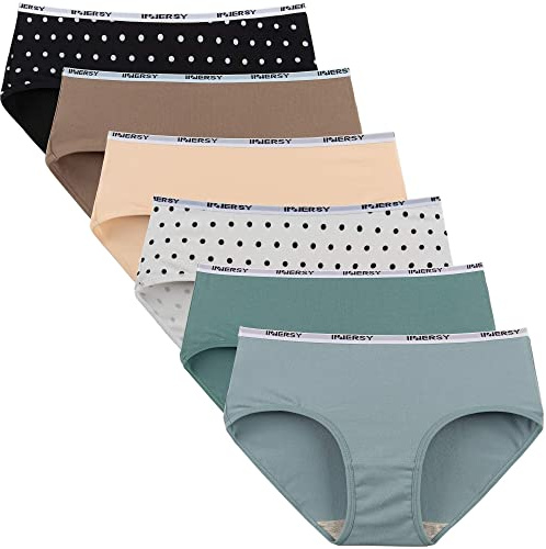 INNERSY Bragas Mujer Algodón Comodas Braguitas Culotte Cintura Midi Ropa Interior Deportiva Pack de 6 (2XL-EU 46, 2Lunares+4Color Puro)