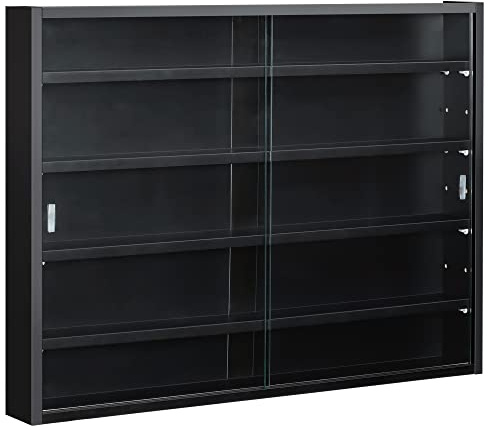 HOMCOM 5-Tier Wall Mounted Display Cabinet, Display Case with 4 Adjustable Shelves, Glass Doors for Home Office Ornaments 60x80cm, Black