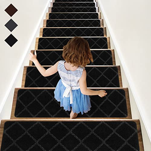 RIOLAND Stair Treads Carpet Non-Slip Indoor 15 PCS Wood Stair Treads Rugs Anti Moving Modern Stair Runners Safety for Kids Dogs, 8 X 30, Diamond Black