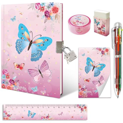 Butterfly Secret Diary for Girls, 6pcs Stationary for Girls Gifts incl. Diary with Lock Multicolor Pen Memo Ruler Eraser Sharpener Kids Notebook Journal for Girls Birthday Presents Age 5-10 Year