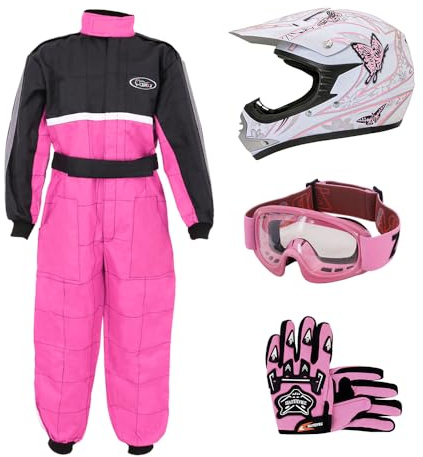 Zorax ZOR-X18 Butterfly L(53-54cm) Kids Motocross Helmet Helmet ECE 2206 & Gloves L(7cm) & Goggles + L(9-10Yrs) Children Kids Motorbike Race Suit