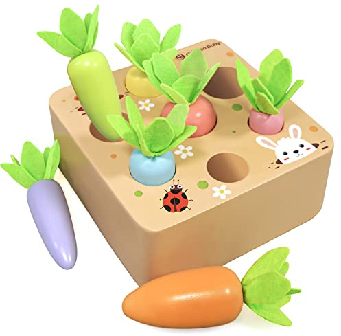 KMTJT Montessori Toys for 2 3 Year Old Toddlers, Macron Carrot Harvest Game Wooden Toys for Baby Boys and Girls, Educational Learning Shape Sorting Matching Gifts for Babies