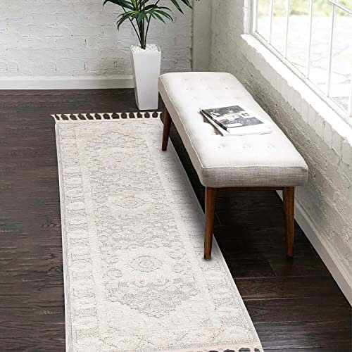 carpet city Teppich-Läufer Flur Boho-Stil Creme - 80x300 cm - Ornamente, Bordüre - Relief-Optik, 3D-Effekt - Cut-&Loop, Sisal - Moderne Fransen-Teppiche Schlafzimmer
