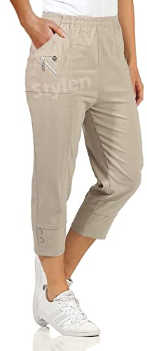 URBAN STITCH Womens Capri Trousers Ladies Three Quarter Soft 3/4 Cropped Pants UK Ladies Stretch Pull on Trousers Elasticated Waist Plus Size Summer Shorts (14, Beige)