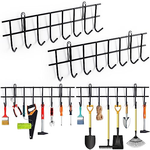 Aicoimy 2 Pack Garden Tool Hanger 16 Hooks Tool Organizer Gardening Tools Holder, Space-Saving Wall Mounted Garage Rack​ for Storage Tools, Equipment, Shovels, Rakes, Hose(32inch / 80cm)