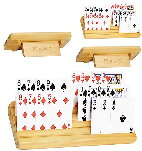 plusvivo Card Holders for Playing Cards with Adjustable Stand Set of 4, Playing Cards Holders Organizer for Adults Seniors Kids, 5 Slots Wooden Card Holder for Canasta Hand and Foot Bridge
