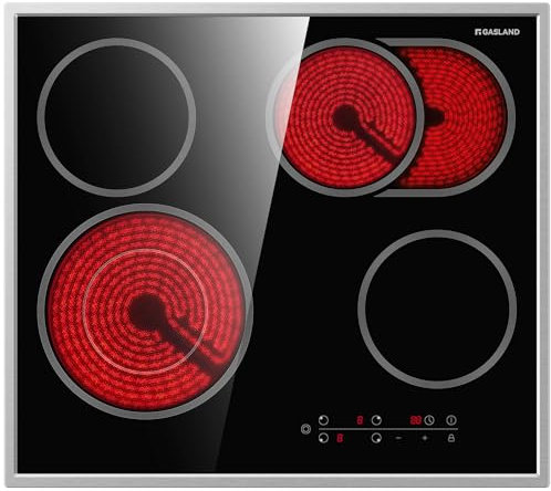 GASLAND CH604BF24B autarkes Glaskeramikkochfeld, 60 cm Einbau-Elektrokochfeld mit Edelstahlrahmen, 4 Kochzonen, Keramikkochfeld mit Mehrkreiskochzone und Bräterzone, 6,6 kW