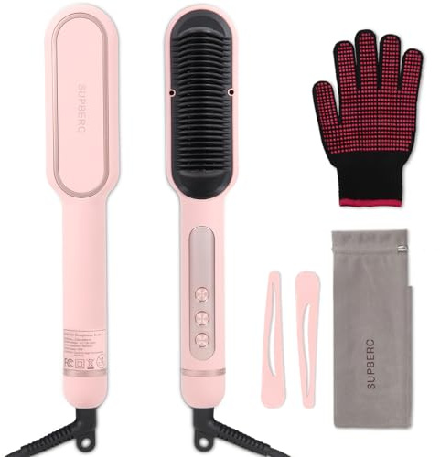 Negative Ionic Hair Straightener Brush with 9 Temp Settings, 30s Fast Heating Hair Straightening Comb with LED Display, Anti-Scald & Auto-Shut Off Hair Brush Straightener for Women (Pink)