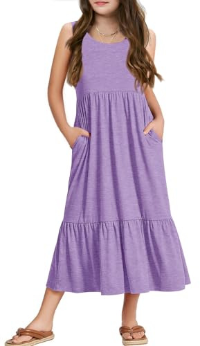 Haloumoning Vestidos de niña de verano sin mangas vestido de cuello redondo sin mangas vestido de tirantes para niños vestido largo casual vestido de verano