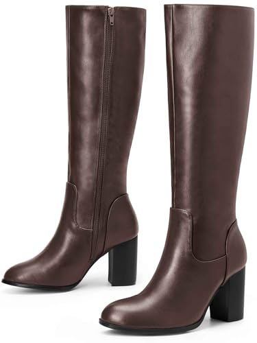 Perphy Round Toe Chunky Heel Knee High Boots for Women Coffee 7 UK/Label Size 9 US