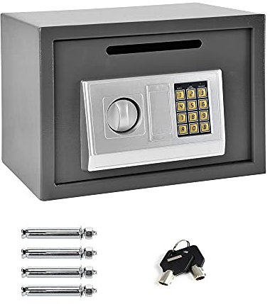 Caja fuerte electrónica, caja fuerte digital 16L con teclado y llave de repuesto, fijación a pared y suelo, caja fuerte para colocar para el hogar, oficina y hotel, 25 x 35 x 25 cm, gris