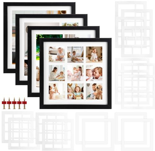 Oungy 4 cornici portafoto collage con 4 tipi di passepartout, per un totale di 16 fogli, diverse foto per più foto, 25 x 25 cm, colore nero per più immagini