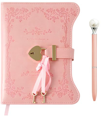 heavenlife Diario de Candado con Llave y Bolígrafo, B6 Cuaderno Secreto con Cerradura en Forma de Corazón, Cuaderno de Cuero PU 360/180 Páginas para Escribir Niñas Mujeres Hija (Rosa)