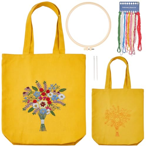 CRASPIRE Kit de Bordado para Bolsa de Lona con Ramo de Flores para Principiantes, Juego de Punto de Cruz Amarillo con Agujas de Tela para Bordar, Hilo de Color, Instrucciones, Kit de Manualidades para