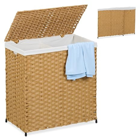 Relaxdays Cesto Portabiancheria Pieghevole con Coperchio e 2 Scomparti, 110 L, HLP: 60x58x34 cm, Rattan, Marrone Beige