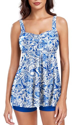 FLYILY Tankini i 2 delar för kvinnor, främre vridning, tankini topp med boyshorts, magkontroll, badmode, baddräkt med blommor, Bluepaisley, L
