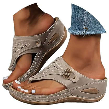 Sandales Femme Compensées Plateforme Orthopédique en Cuir avec Support - Tongs de Marche Confortable été à Bout Ouvert
