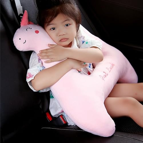 Coussin de soutien pour le cou de voyage pour enfants en voiture, appuie-tête ergonomique avec sangle de ceinture de sécurité réglable pour un sommeil confortable (Rose)