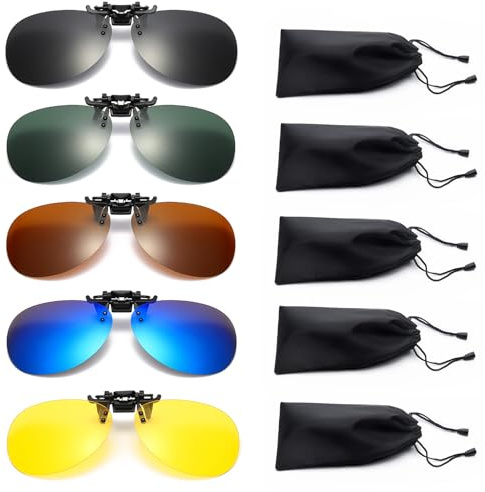 KXF 5 Pairs of Clip-on Sunglasses for Prescription Glasses Polarized Lens Flip-up Sunglasses with 5 Bags UV Protection Anti-Glare Night Vision Glasses for Men Women Driving Fishing Outdoor Sports