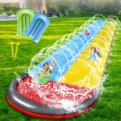 Hlayshing Water Slide Mat,15.7ft/480cm Slip Slide With 2 Bodyboards,Summer Lawn Slide,Inflatable Water Slides,Double Lane Slip&Slide Water Slides for Kids Adults Outdoor Water Play Activities