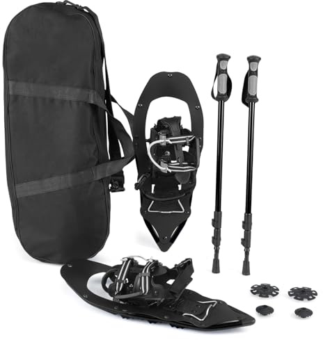 COSTWAY Racchette da Neve 54/63 cm per Donna e Uomo con Sollevatore per Tallone e Borsa, Bastoncini da Trekking Telescopici 64-135 cm con Punte in Tungsteno, Dischi per Neve e Fango (Nero,54 cm)