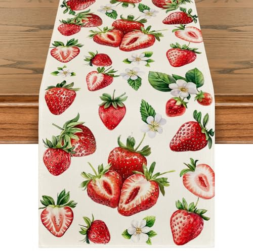 Artoid Mode Erdbeeren Blumen Blätter Sommer Tischläufer 40x140 cm, Saisonnal Frühling Küche Esstisch Dekoration Drinnen Urlaub Party Dekor