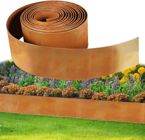 Bordo in metallo per aiuole, 10 m x 15 cm, bordo per prato in ferro zincato con effetto corten, facile da montare, robusto design Stay-in-Place, per aiuole da giardino palizzate, effetto ruggine