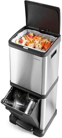VonHaus Kitchen Bin, 34L Vertical Recycling Bin, Stainless Steel Two Section Food Waste Separation System with Non-Slip Base & Removable Inner-Compartments, Narrow Trash Can, 1x18L & 1x16L