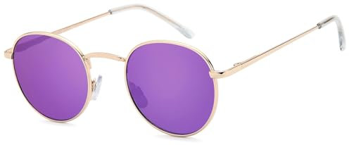styleBREAKER Unisex Panto Sonnenbrille mit runden Gläsern | Metallrahmen mit Federscharnier & UV400 Schutz | verspiegelte oder getönte Flachgläser, Gestell Gold/Glas Lila verspiegelt