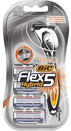 BIC Flex 5 Hybrid Rasierer Herren, Nassrasierer mit 4 Wechselklingen mit je 5 Klingen, mit Aloe Vera und Vitamin E für eine sanfte Rasur